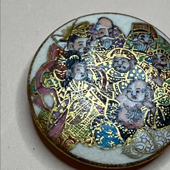 Vintage Hand Painted Satsuma Ceramic w/7 Gods On a button *READ*
